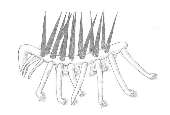 A reconstruction of the 505-million-year-old <em>Hallucigenia sparsa</em> worm.