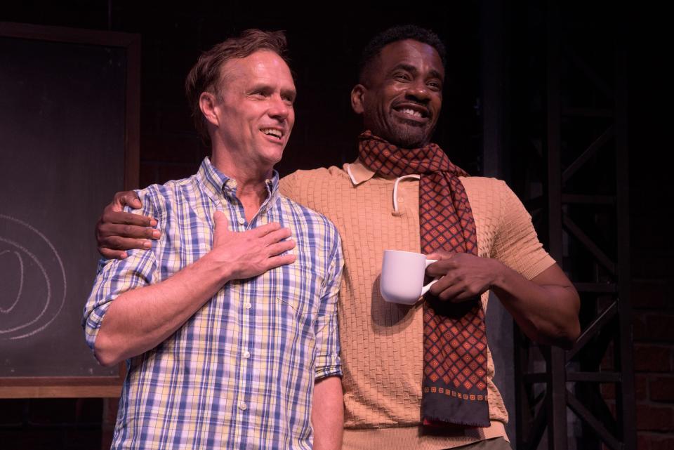 Saxon Palmer, left, plays an alcoholic theater director, and Michael Flood plays his father and all the other male characters in Sean Daniels’ “The White Chip” at Florida Studio Theatre.