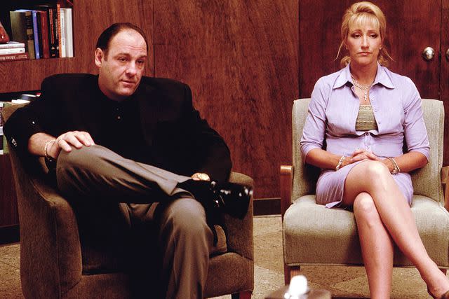 <p>HBO/Getty</p> James Gandolfini as Tony Soprano and Edie Falco as Carmela Soprano