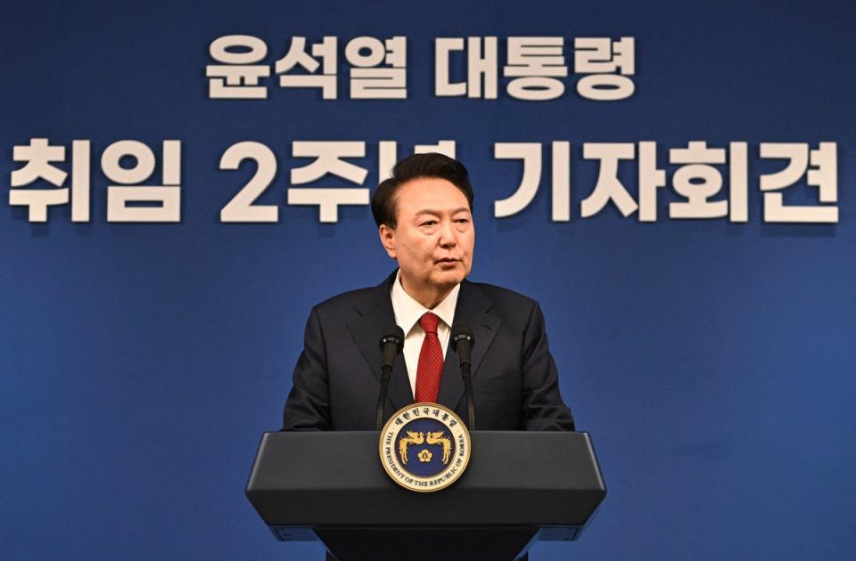 South Korea’s president Yoon Suk Yeol speaks during a press conference marking two years in office at the presidential office in Seoul (AFP via Getty Images)