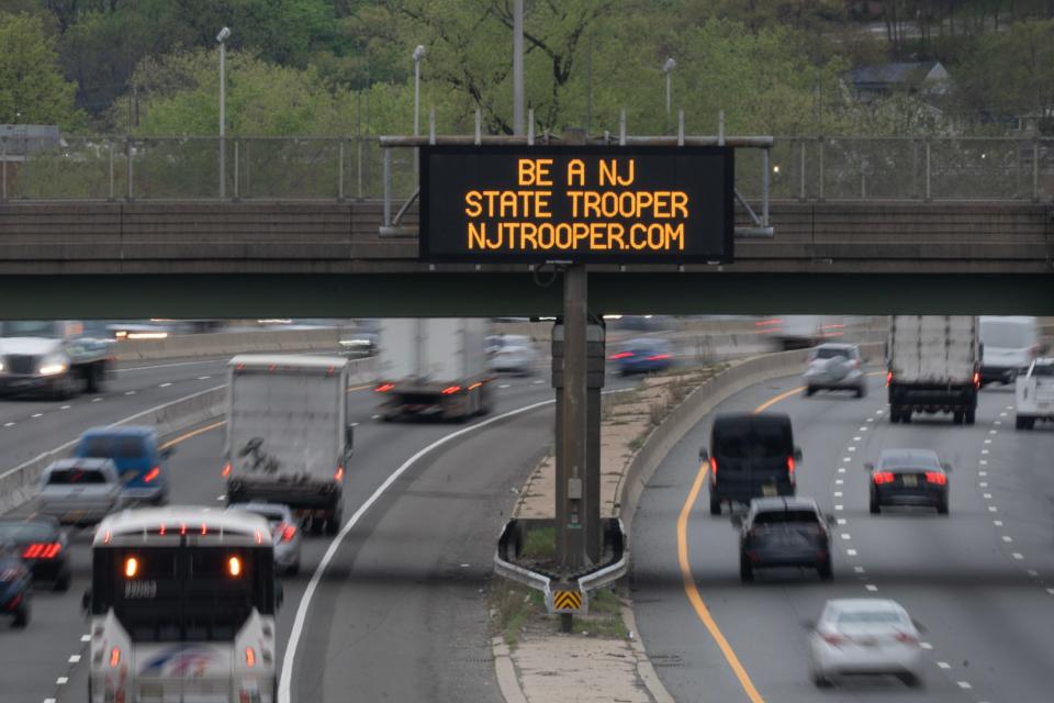 A NJDOT sign doing outreach for state police recruiting on Route 80 in Hackensack, NJ on Wednesday April 19, 2023. 