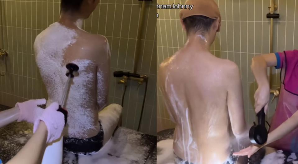 服務人員拿蓮蓬頭幫強尼沖澡。（翻攝自YT頻道「越南強尼VietnamJohnny」）