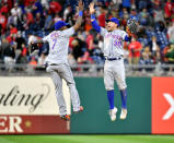 May 11, 2018; Philadelphia, PA, USA; New York Mets left fielder Michael Conforto (30) high fives shortstop Jose Reyes (7) after win against the Philadelphia Phillies at Citizens Bank Park. Mandatory Credit: Eric Hartline-USA TODAY Sports TPX IMAGES OF THE DAY