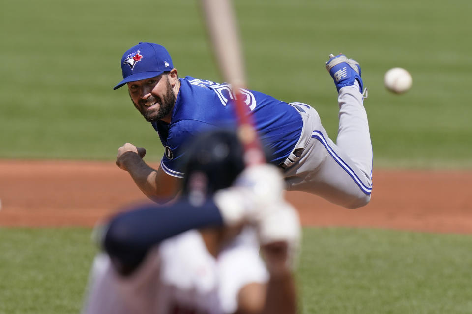 Toronto Blue Jays' Robbie Ray delivers a pitch against the Boston Red Sox in the first inning of a baseball game, Sunday, Sept. 6, 2020, in Boston. (AP Photo/Steven Senne)