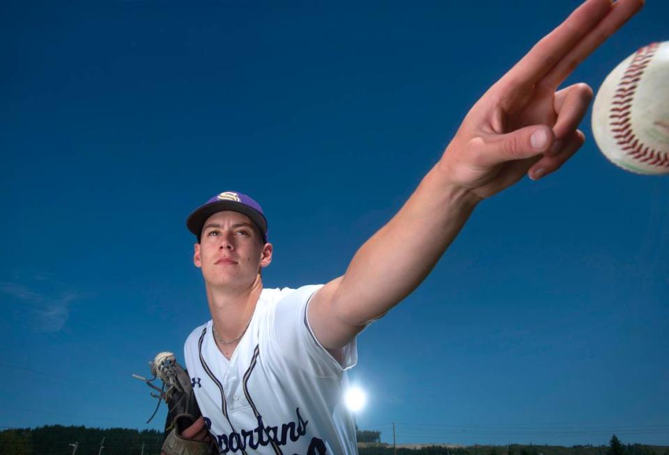 Sumner senior pitcher Jake Bresnahan is The News Tribune’s 2023 All-Area Baseball Player of the Year. The University of Oregon commit is shown at Sumner High School in Sumner, Washington, on Monday, June 5, 2023.