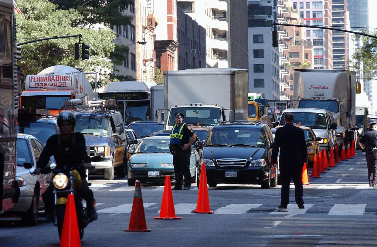 Clogged streets around the United Nations with extra NYPD and U.S. Secret Service checking cars as added security.