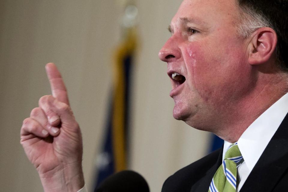 Virginia State Senator Creigh Deeds, who is pushing the Virginia legislature for mental health-care reform, speaks during a luncheon at the National Press Club in Washington, Monday, March 31, 2014. Last November, Deeds was attacker by his son, Austin "Gus" Deeds at their rural homestead in Bath County, his son then killed himself. The younger Deeds had been released the previous day from an emergency custody order because a psychiatric bed could not be found for him. (AP Photo/ Evan Vucci)