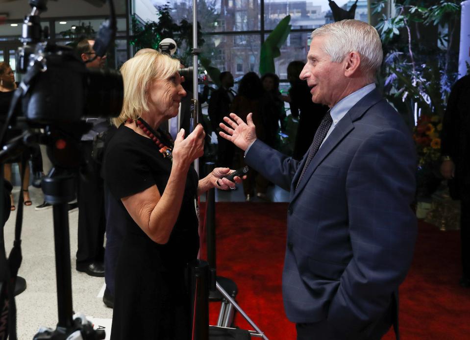 Muhammad Ali Humanitarian Award recipient Dr. Anthony Fauci, right, is interviewed by Courier Journal reporter Kirby Adams on the red carpet at the Muhammad Ali Center in Louisville, Ky. on Nov. 5, 2022.  