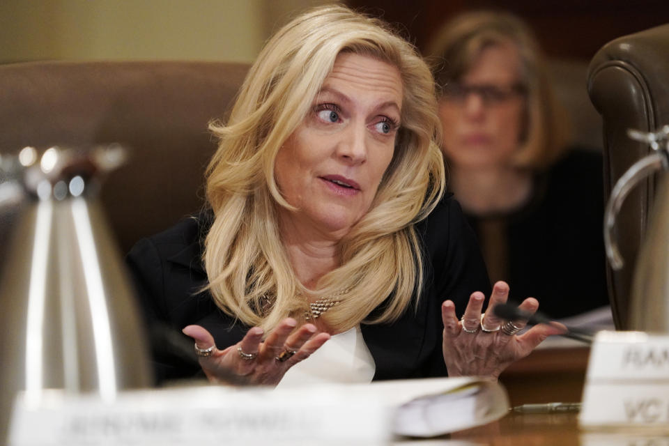 Federal Reserve Governor Lael Brainard, speaks as the Federal Reserve Board holds a meeting to discuss proposed rules to modify the enhanced prudential standard framework for large banking organizations, Wednesday, Oct. 31, 2018, at the Marriner S. Eccles Federal Reserve Board Building in Washington. (AP Photo/Jacquelyn Martin)