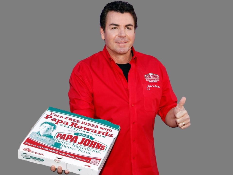 John Schnatter headshot, as Papa John's Pizza CEO, graphic element on gray