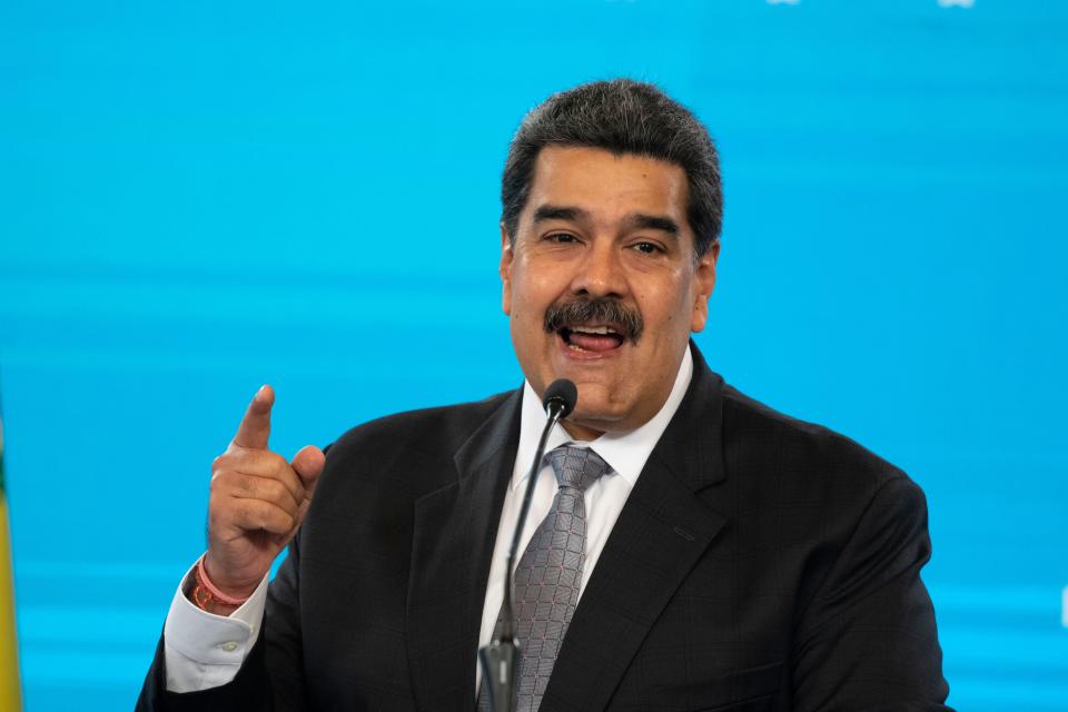 Venezuelan President Nicolas Maduro gestures while speaking during a press conference at the Miraflores presidential palace in Caracas on February 17, 2021.