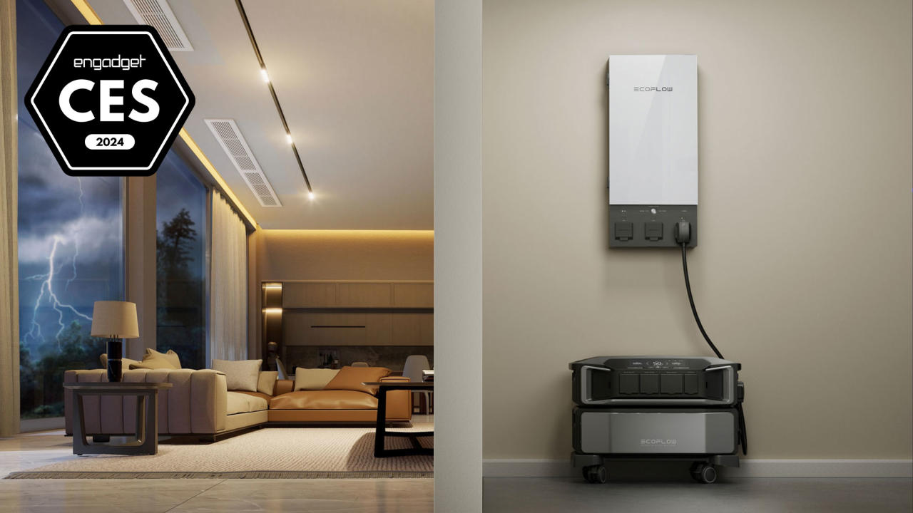 An image with a badge for Axget Best of CES 2024 showing the product: EcoFlow Delta Ultra displayed in a home environment against a wall with a living room on the left side of the split image.