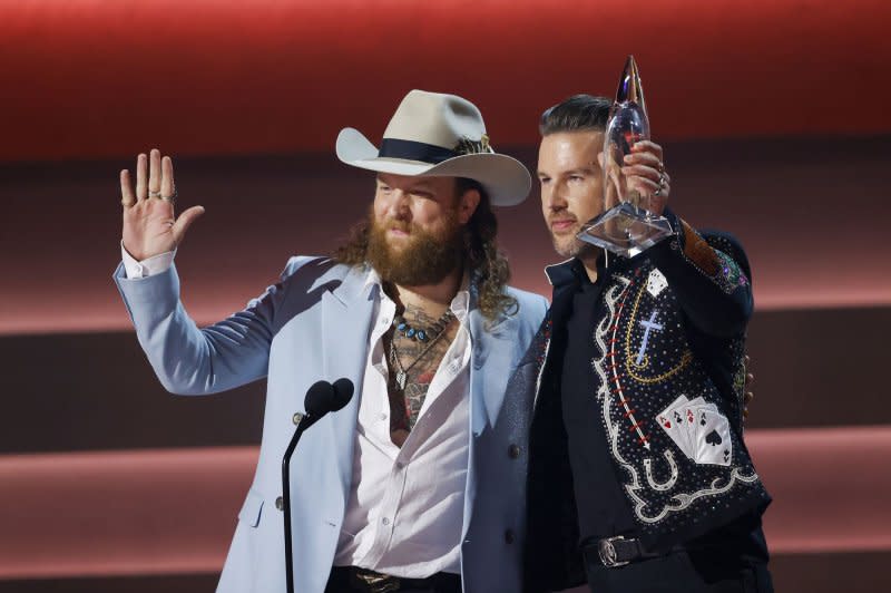 The Brothers Osborne, T,J. and John, win Vocal Duo of the Year during Wednesday's 57th Annual CMA Awards at Bridgestone Arena in Nashville. Photo by John Angelillo/UPI