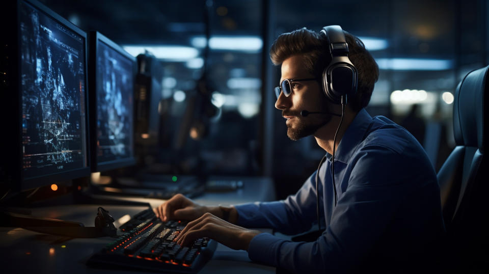 An IT professional wearing a headset and using a keyboard while working in a secure environment.