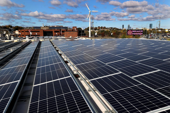 Boston, MA - October 27: Newly installed Nexamp solar panels at the Local 103 headquarters in Dorchester. (Photo by David L. Ryan/The Boston Globe via Getty Images)