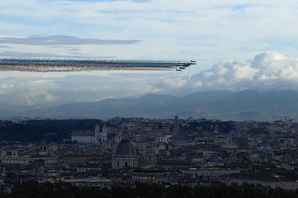 A picture shows an Italy's Air Force aerobatic demonstration during a ceremony after the signing of the Franco-Italian Quirinal Treaty, in Rome, Friday, Nov. 26, 2021. (Filippo Monteforte / Pool photo via AP)