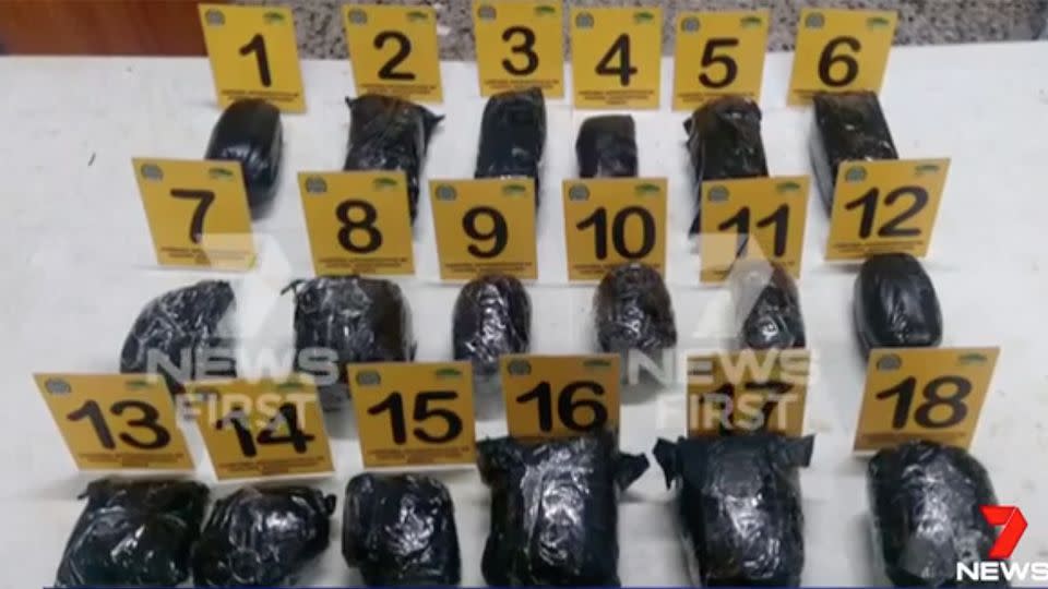 Nearly six kilograms of cocaine was allegedly discovered in the 22-year-old's luggage. Source: 7 News