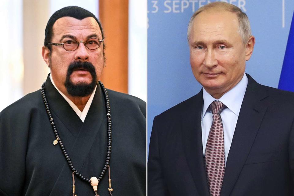 <p>ALEXANDER NEMENOV/POOL/EPA-EFE/Shutterstock; TPG/Getty Images</p> Steven Seagal at the Kremlin in Moscow on May 7, 2024 (L); Vladimir Putin