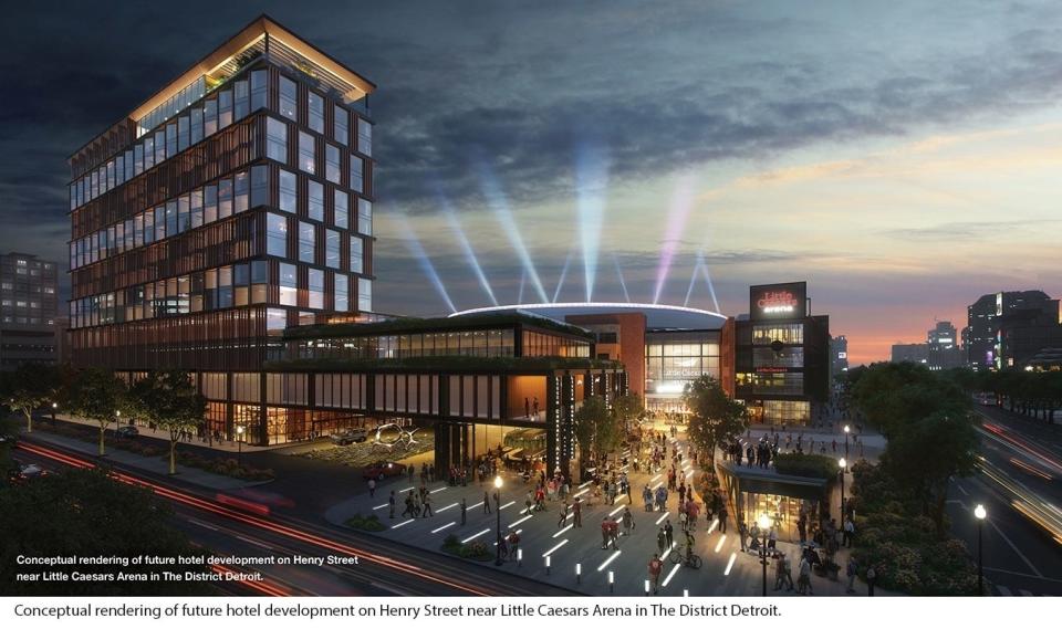 A rendering of a new $190 million hotel that will be located next to Little Caesars Arena.