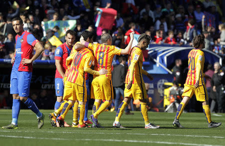 Football Soccer - Levante v Barcelona - Spanish Liga - Ciudad de Valencia Stadium, Valencia, Spain - 7/2/16. Barcelona's players celebrate a goal. REUTERS/Heino Kalis