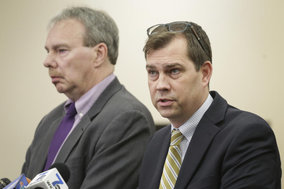 CORRECTS DATE Brian Parker, Payton Gendron's lawyer, speaks during a press conference at Erie County Court, in Buffalo, N.Y., Monday, Nov. 28, 2022. The white gunman who massacred 10 Black people at a Buffalo supermarket has pleaded guilty to murder and hate-motivated terrorism charges. (AP Photo/Joshua Bessex)