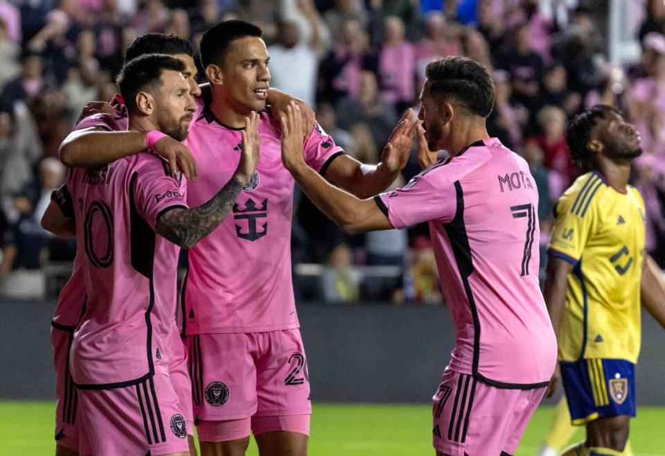 Inter Miami midfielder Diego Gómez (20) celebrates with teammates Lionel Messi (10) Luis Suárez (9) and Jean Mota (7) after scoring goal in the second half of an MLS match against Real Salt Lake at Chase Stadium on Wednesday, Feb. 21, 2024, in Fort Lauderdale, Fla.