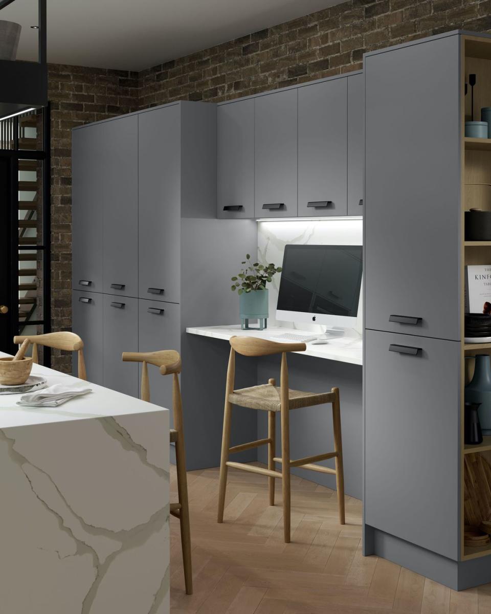 <p>The rise of the 'working kitchen' has seen an increased demand for multi-functional spaces. </p><p>Kitchens will continue to require extra worktop space for home workers who may not have a home office, making way for laptops and monitors and even spaces for craft making.</p><p>There's a continued focus on integrated seating areas, storage solutions and extended breakfast bars or <a href="https://www.housebeautiful.com/uk/decorate/kitchen/g36940747/kitchen-island-ideas/" rel="nofollow noopener" target="_blank" data-ylk="slk:kitchen island;elm:context_link;itc:0;sec:content-canvas" class="link ">kitchen island</a> units that become an all-inclusive workstation.</p><p>Pictured: House Beautiful Camberwell Kitchen - Nickel, available at <a href="https://www.homebase.co.uk/kitchens/kitchen-ranges/camberwell.list" rel="nofollow noopener" target="_blank" data-ylk="slk:Homebase;elm:context_link;itc:0;sec:content-canvas" class="link ">Homebase</a></p>