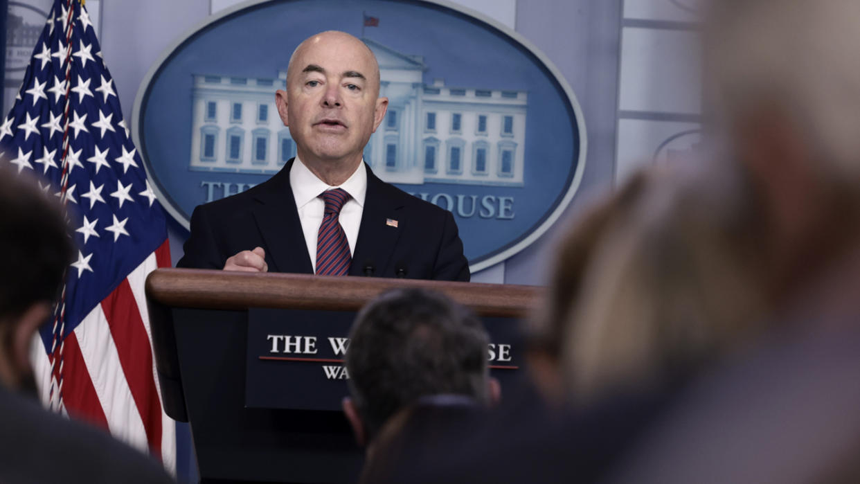 U.S. Homeland Security Secretary Alejandro Mayorkas speaks at a press briefing at the White House on September 24, 2021 in Washington, DC. Mayorkas announced that the influx of Haitian immigrants camped under the bridge in Del Rio, Texas had been cleared. (Anna Moneymaker/Getty Images)