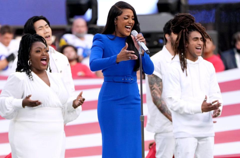 mickey guyton performs the national anthem at super bowl lvi at sofi stadium on february 13, 2022