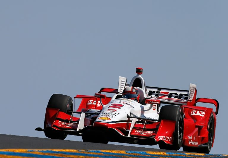 Juan-Pablo Montoya of Columbia, driver of the Verizon Team Penske Chevrolet Dallara, races at Sonoma Raceway on August 30, 2015 in Sonoma, California