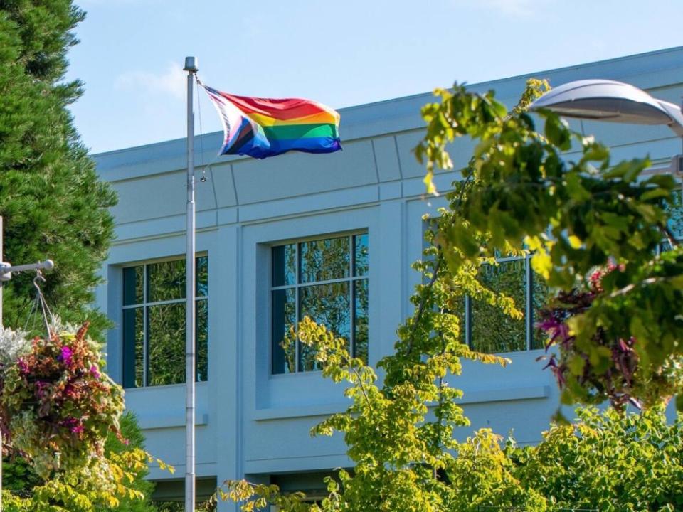 The progress pride flag is seen flying outside Delta City Hall, following an act of vandalism on Wednesday, in which someone cut down the metal flag pole on which the flag was originally raised. (City of Delta/Facebook - image credit)