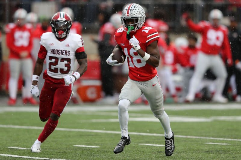 I predict that the New York Jets will trade up and select former Ohio State Buckeyes wide receiver Marvin Harrison Jr. (18) in the 2024 NFL Draft. File Photo by Aaron Josefczyk/UPI