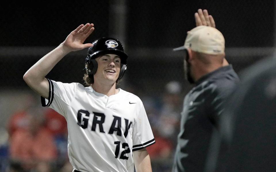 Gray Collegiate’s Brent Stukes cleared the bases with a 3-run double in the fourth inning, then scored a run in the second game of the 2022 Class 2A state championship series against Andrew Jackson on Tuesday, May 24 at the Midands Sports Complex in West Columbia