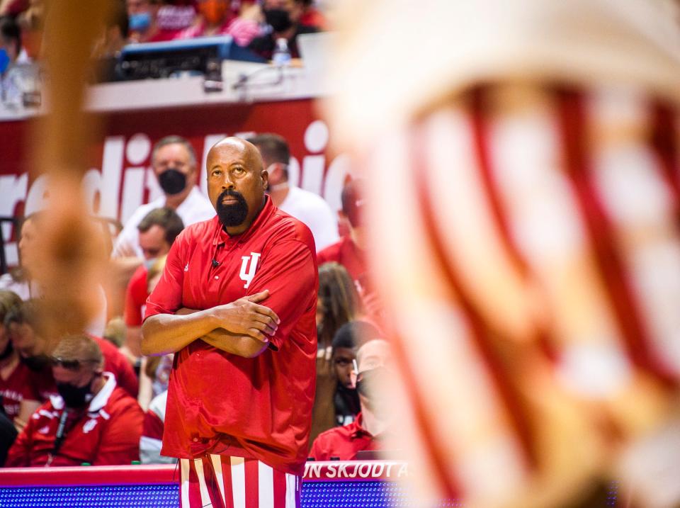 Indiana University men's basketball head coach Mike Woodson watches his team run drills during Hoosier Hysteria at Simon Skjodt Assembly Hall on Saturday, October 2, 2021.