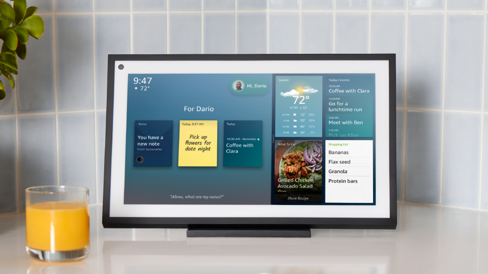 The Echo Show 15 can be mounted to a wall or used via a stand as a kind of interactive family hub. (Image: Amazon)