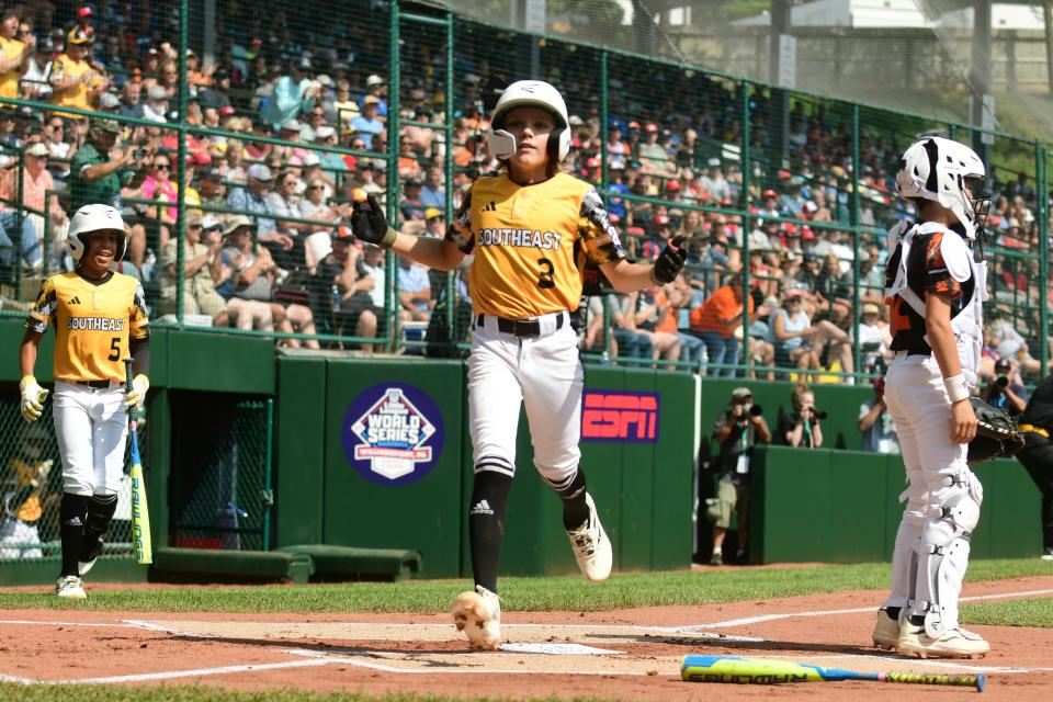 Nash Carter crosses the plate in the first inning of play against the Metro Region in the Little League World Series on Friday, Aug 18, 2023 in South Williamsport, Pennsylvania, United States. Mandatory Credit: Ralph Wilson-The Tennessean