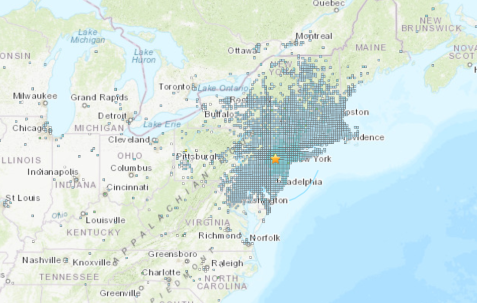 A USGS map shows 10 kilometer approximations of where the Friday morning earthquake was felt, based on reports to the agency’s “Did You Feel It?” tool. (Map: USGS)
