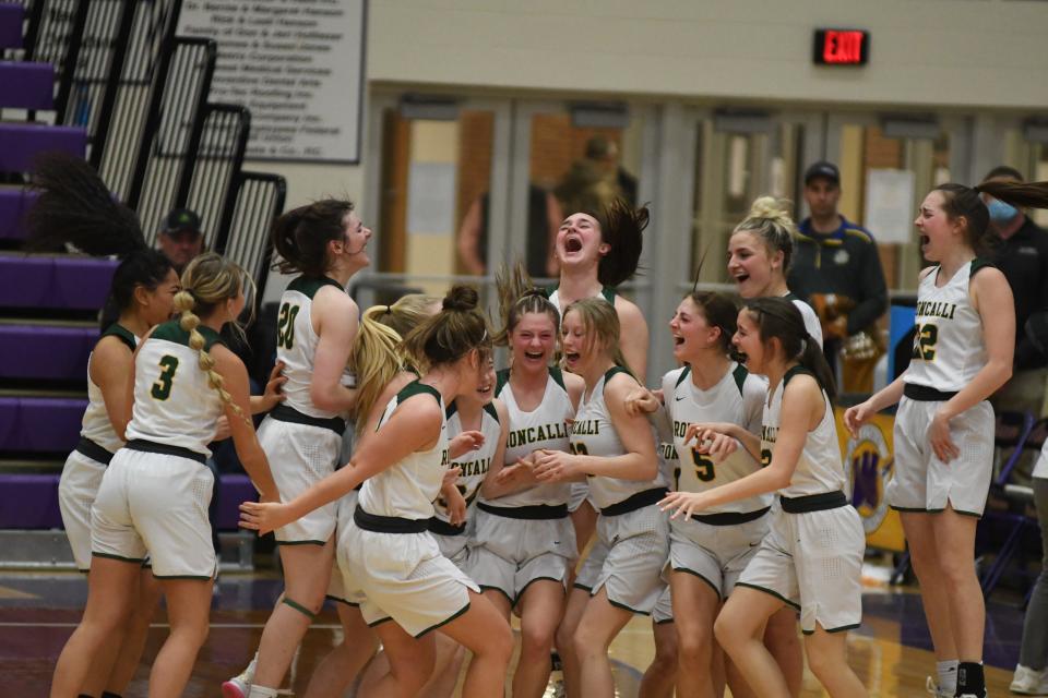 Roncalli celebrates after winning the Class A state championship on Sat., March 13 in Watertown. Photo courtesy of South Dakota Public Broadcasting.