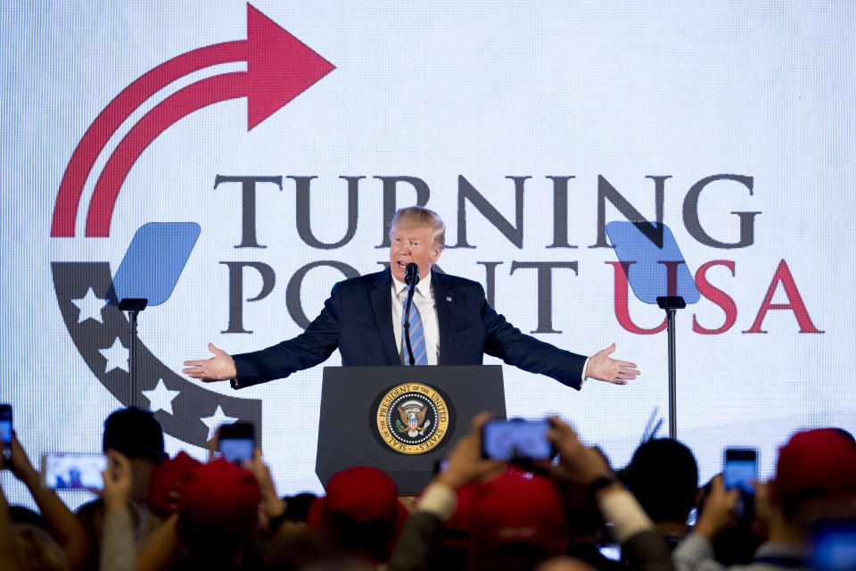 President Donald Trump speaks at Turning Point USA Teen Student Action Summit at the Marriott Marquis in Washington, Tuesday, July 23, 2019. (AP Photo/Andrew Harnik)