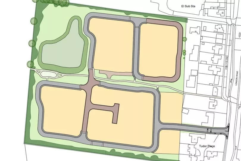 Drawn plan showing where 115 homes could be built and internal roads.