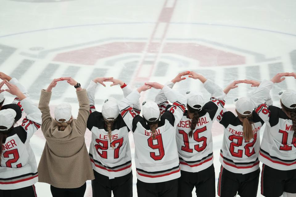 Ohio State sings Carmen Ohio after a 4-3 double-overtime win against Quinnipiac during the NCAA quarterfinals. The Buckeyes would go on to win the title.