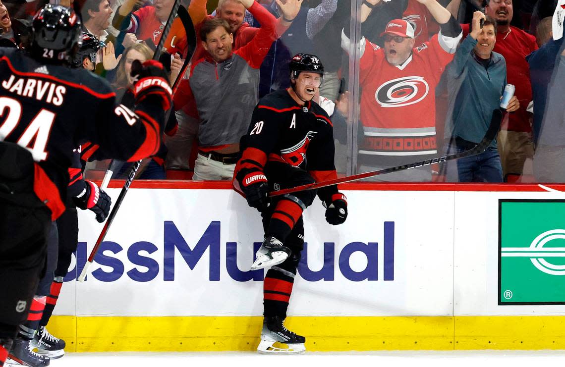 Carolina center Sebastian Aho (20) celebrates after scoring to tie the game 3-3 during the third period of the Hurricanes’ 5-3 victory over the Islanders in the first round of the Stanley Cup playoffs at PNC Arena in Raleigh, N.C., Monday, April 22, 2024.