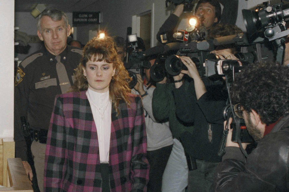 Pamela Smart comes into court at the Rockingham Superior Court House in Exeter, New Hampshire on Friday, March 22, 1991, where she was found guilty on all three charges related to her involvement in the murder of her husband Gregory Smart. A lawyer for Pamela Smart, who's serving a life-without-parole sentence for plotting with her teenage lover to kill her husband in 1990 says a state council "brushed aside" her request for a chance at freedom, and he's asked New Hampshire's highest court to order the panel to reconsider it. (AP Photo/Lisa Bul, File)