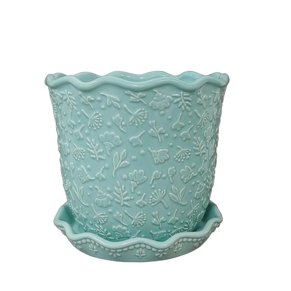 The Pioneer Woman Embossed Daisy Teal Planter 6 inch, Stoneware