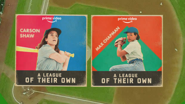 Baseball cards for Carson Shaw (Abbi Jacobson) and Maxine "Max" Chapman (Chant<em>é</em> Adams) from "A League of Their Own"<p>Prime Video</p>