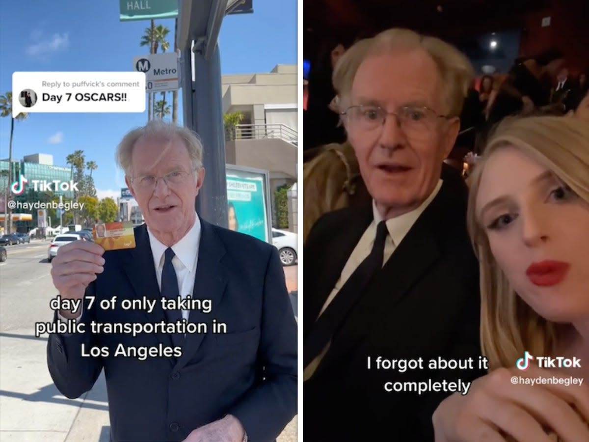 composite thumbnail of Begleys -- on the left a screenshot of Ed Begley Jr. holding up a metro card, on the right Begley Jr. with his daughter, Hayden, at the Oscars