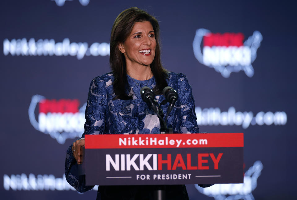 Former U.N. ambassador Nikki Haley delivers remarks at her primary night rally on Jan. 23, 2024 in Concord, New Hampshire. / Credit: Tasos Katopodis/Getty Images