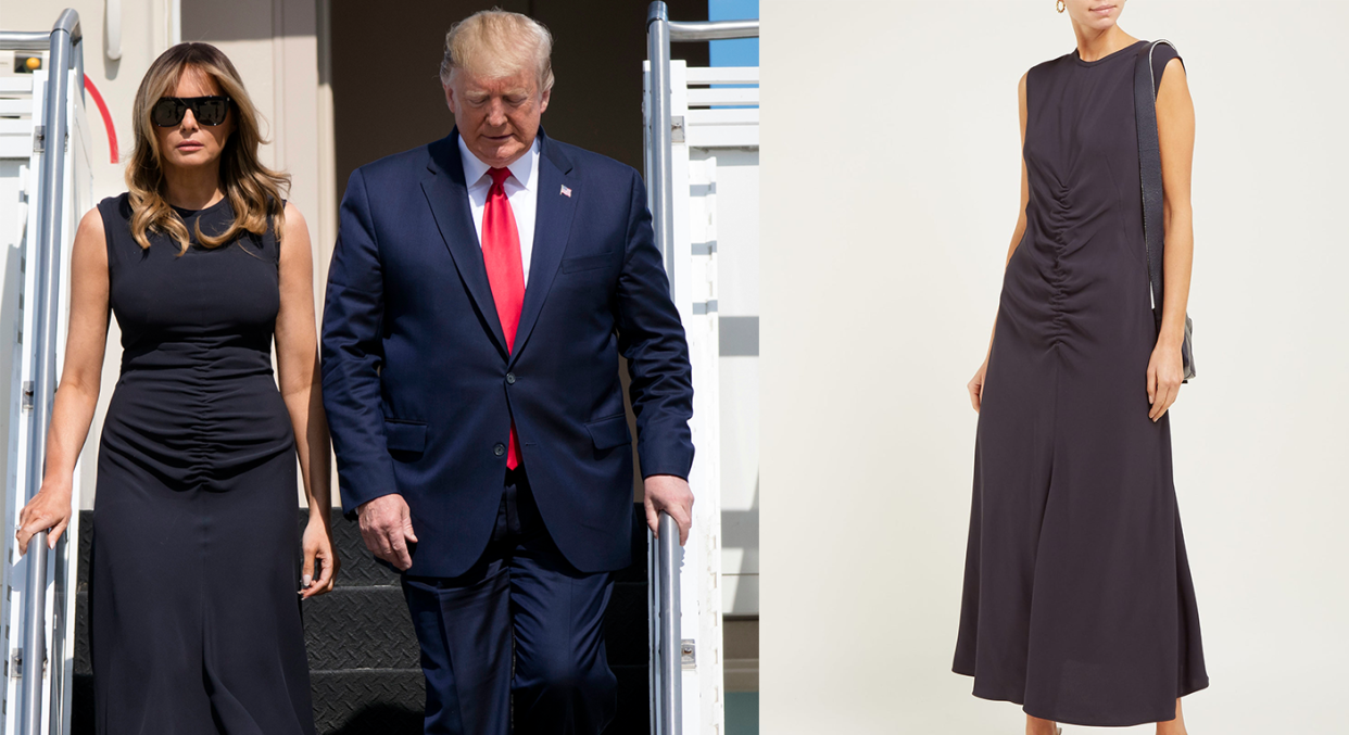 Melania Trump wore a ruched Sportmax dress on Wednesday [Photo: Getty Images/ Matches Fashion]