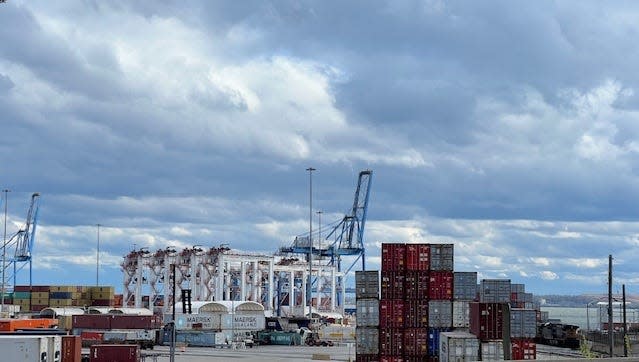 About 10 days after the collapse of the Francis Scott Key Bridge, cranes and containers stand at the Port of Baltimore in Maryland on April 5, 2024.