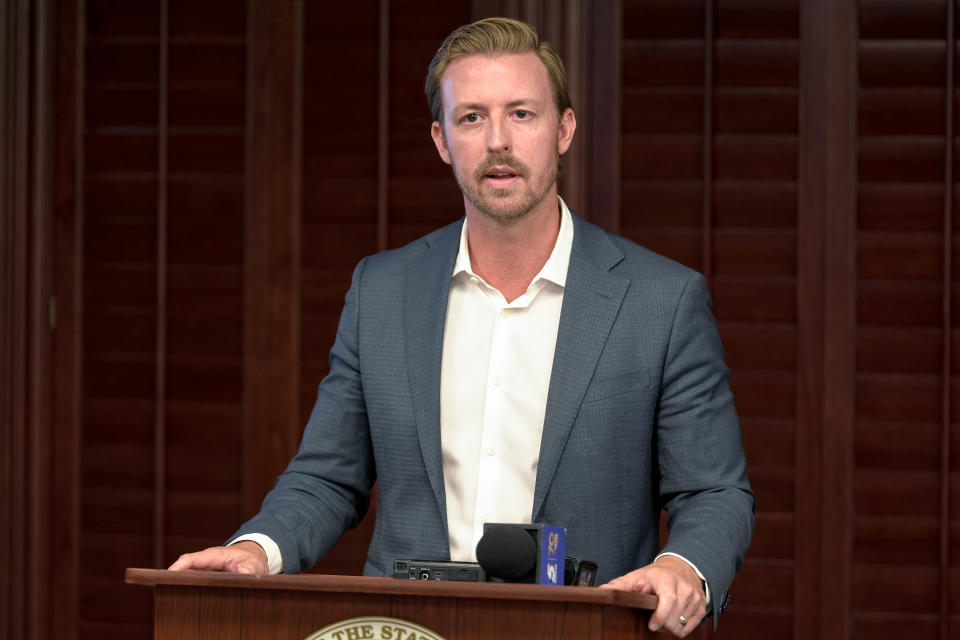 Oklahoma state schools Superintendent Ryan Walters speaks during a June 27 school board meeting at the capitol building in Oklahoma City. Citing its importance as an historic document, Walters ordered districts statewide to incorporate the Bible “as an instructional support into the curriculum" for grades 5 through 12.